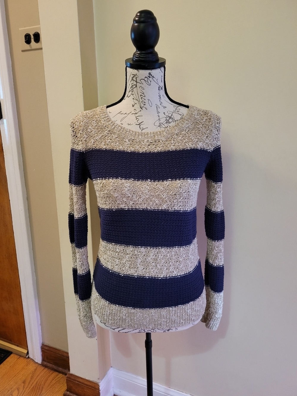 Ann Taylor LOFT Striped Crew-Neck Sweater Blue & Beige XS Like New